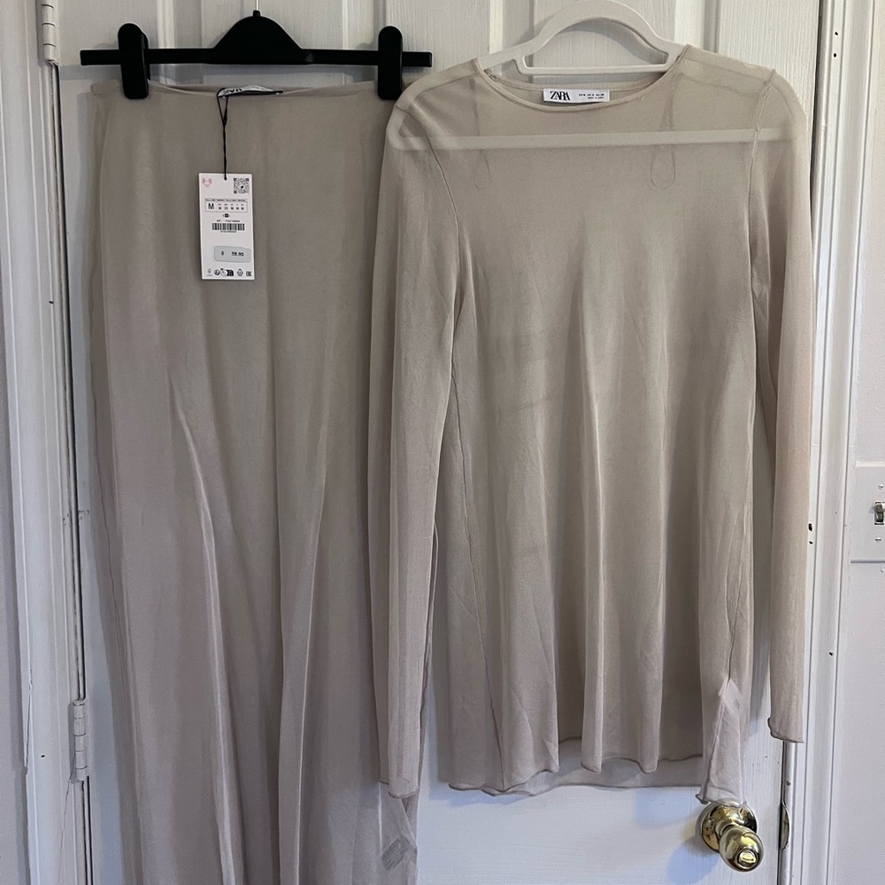 Zara Sheer Maxi Skirt Set in Beige